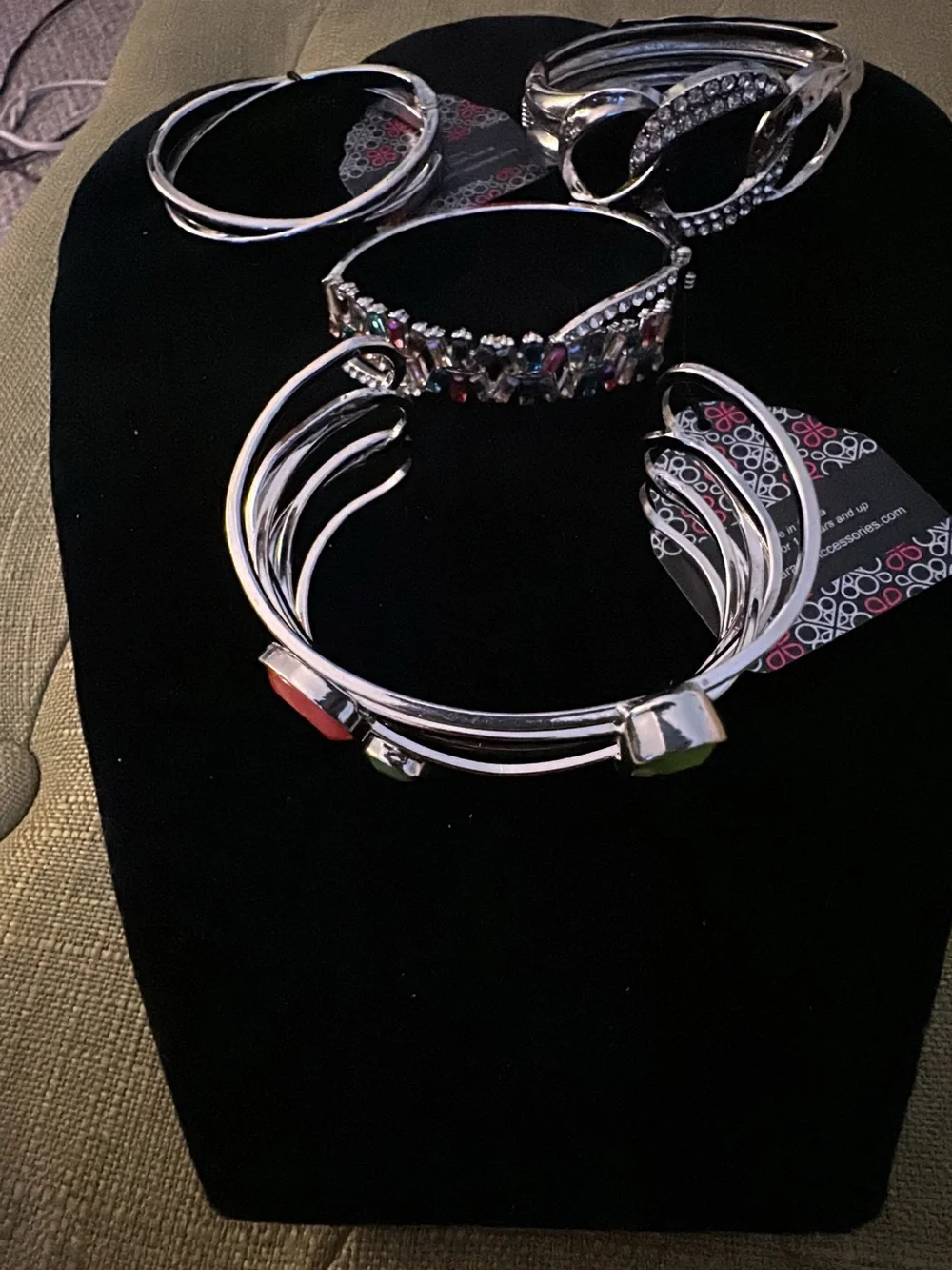 4 paparazzi Silver Cuff Bracelet Sets with Green and Red Accents